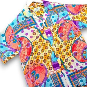 Arnold Zimberg Silk Shirt Mens Medium Multicolor Paisley Geometric Short Sleeve